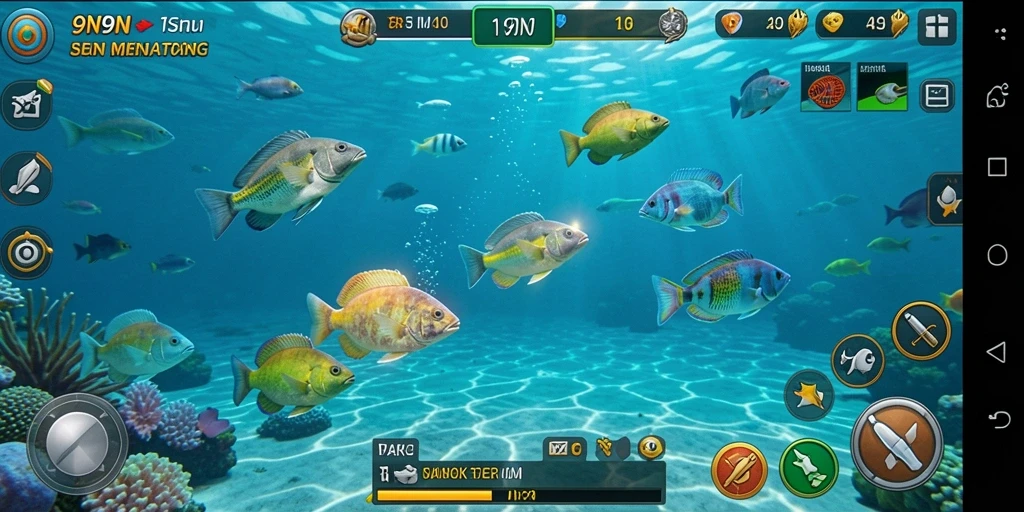 Tampilan gameplay seru dari 9N9N saat menembak ikan.