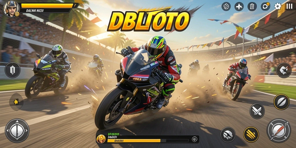 Screenshot utama DBLTOTO dengan balapan motor yang intens.
