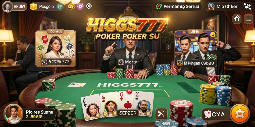 Tampilan gameplay seru di HIGGS777 dengan pemain dan meja Poker.
