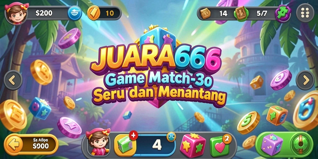 Tampilan gameplay Match-3 JUARA666 yang menarik dan penuh warna.