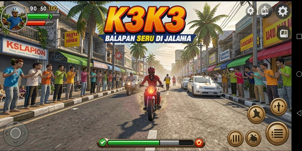 Gameplay Racing K3K3 yang penuh aksi dan kecepatan.