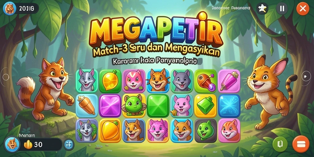 Tangkapan layar MEGAPETIR menunjukkan gameplay yang seru dalam mencocokkan batu permata.