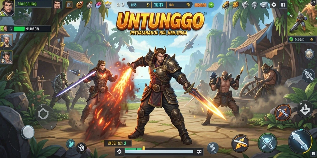 Screenshot gameplay UNTUNGGO menampilkan pertempuran seru antara karakter dan monster.