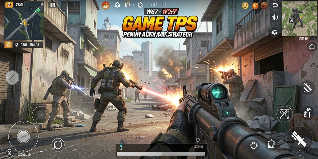 Gameplay seru W67 dengan karakter bertempur di medan perang.